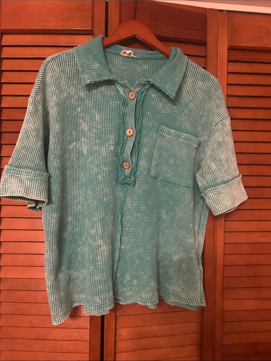 BiBi Tops - BiBi Teal Washed M Waffle Button-Front Shirt